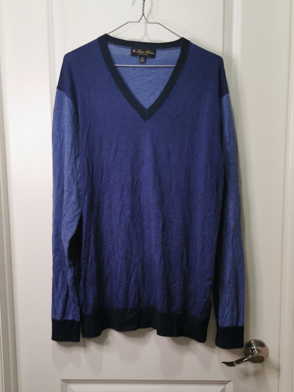 Brooks Brothers Silk Blend Two-Tone Navy and Royal Blue V-Neck Sweater